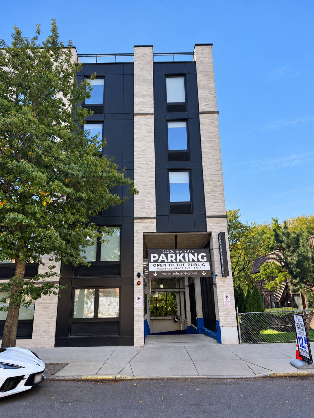 Building exterior and garage entrance at 222 Johnson Avenue